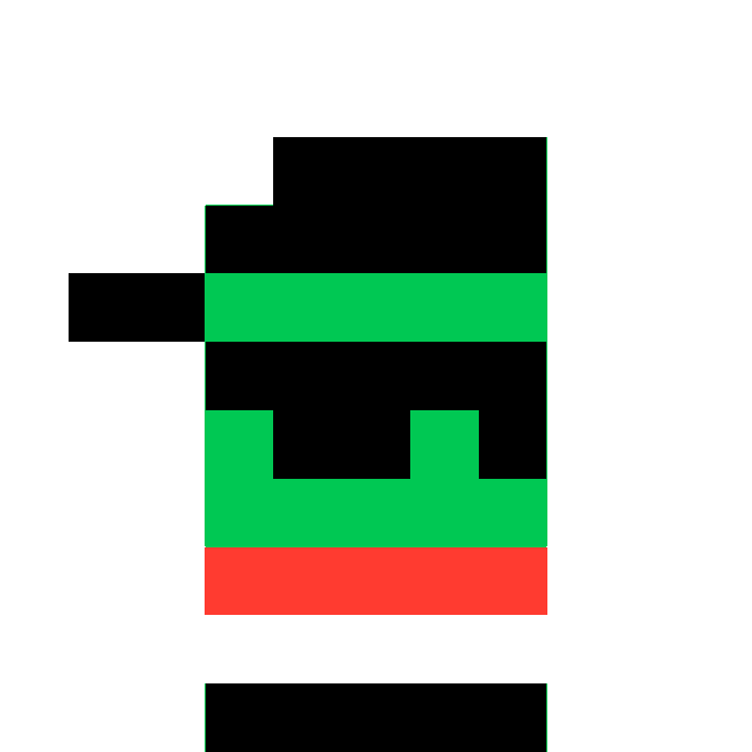A pixel art character with a black cap, sunglasses, and a black face covering, wearing a green shirt and red pants on a white background.
