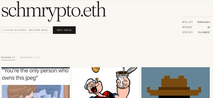 A screenshot of the "schmrypto.eth" portfolio page shows it has "Created 80" works and "Collected 5,652," with a wallet address "0x6dfa...uc1" and 60 works in "CLAIMED" status, alongside three preview thumbnails including a comic-style image of Popeye. The dashboard supports the post's announcement, displaying the interface where users can "CLAIM RECORDED" and "EDIT FOLIO" to prepare for the upcoming Rodeo Redux phase two release.