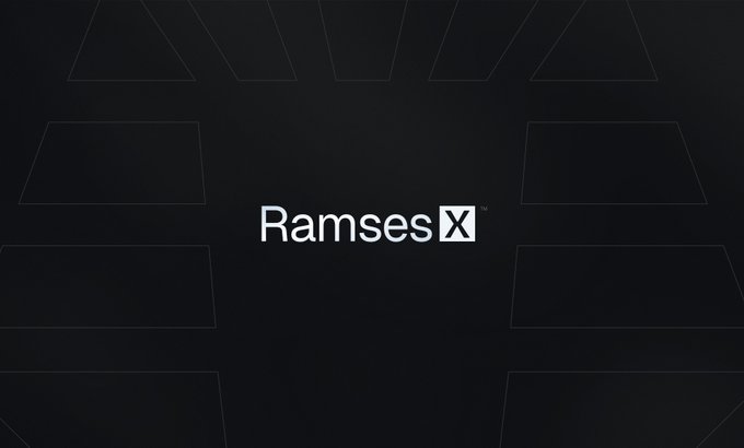 The image features the "RamsesX" logo centered on a dark background with geometric line patterns, representing Ramses Exchange, a multichain DEX highlighted in the post as a key Robinhood Chain infrastructure play.