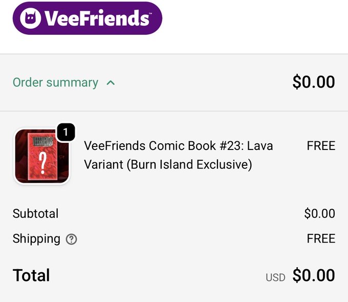 The image shows an email from Veefriends.com displaying information about a sale for a comic book series called "Volcano". The order summary provides details of the purchase, including the price and shipping cost. The total amount shown on the screen is $30.00, which includes shipping costs. Additionally, there's text in the email that indicates the company may be offering a free variant (burn island exclusive) for an additional fee of $0.90.