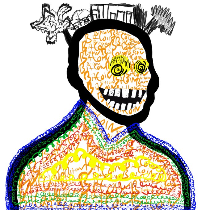 A colorful digital sketch of a figure with a large grinning face, spiral eyes, scribbled text covering the body, and chaotic crown-like scribbles above the head.