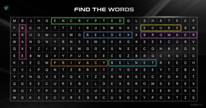 A word search puzzle titled 'FIND THE WORDS' with highlighted terms including ENCRYPTED, BRUISER, BELDEX, SECURE, BROWSER, PRIVACY, and BELNET visible in the grid.