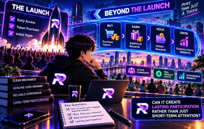 A vibrant promotional infographic titled 'THE LAUNCH - BEYOND THE LAUNCH' featuring an anime-style character and outlining a token roadmap: BUY, EARN, HOLD, GROW, with sections like 'Early Access,' 'Token Purchase,' and 'CAN IT CREATE LASTING PARTICIPATION.'