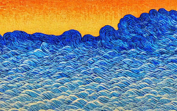 The image features a painting of ocean waves with blue and orange hues, creating an impressionistic style reminiscent of the works of Van der Zee. The painting captures the essence of the ocean's movement and energy, evoking a sense of tranquility and beauty. The artist has used a variety of brushstrokes to create texture and depth in their work, adding a dynamic quality to the scene. The post on which this image is displayed provides information about the artwork, including its title "gm it' s #tezostuesday Van der zee vol II - Autumn Waves" and the artist's name "VAN der ZEE".