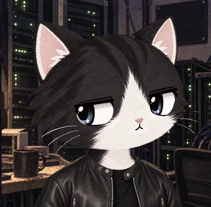 A digital illustration of a black and white tuxedo cat wearing a leather jacket, set against a backdrop of dimly glowing server racks with a coffee mug nearby—evoking a "hacker cat" vibe that complements the post's playful crypto/NFT theme about collecting 1,111 unique "stonk cats."
