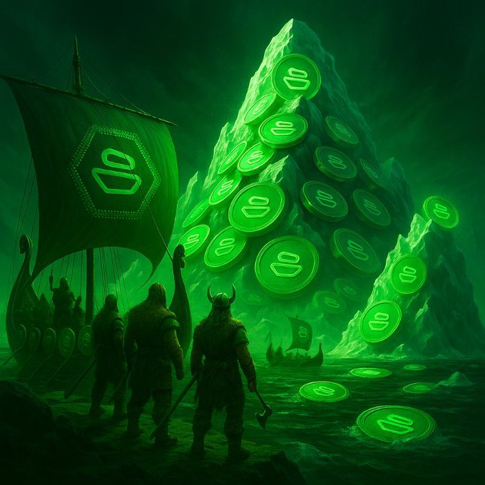 A fantasy digital artwork depicting Viking warriors on a boat approaching a mountain covered in glowing green crypto coins/tokens with hexagonal ship sails.