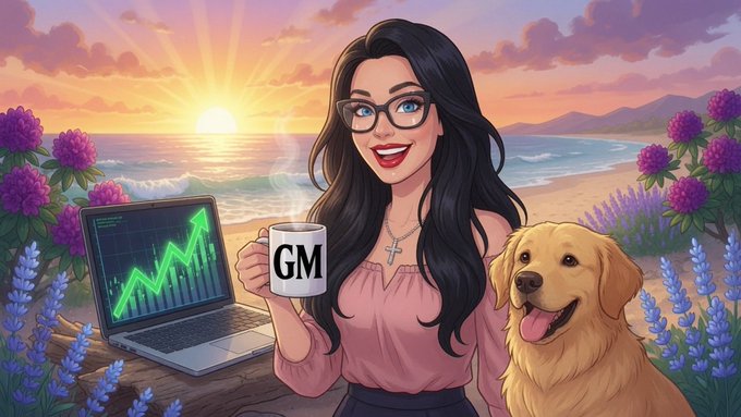 An illustrated image of a woman with glasses holding a 'GM' mug next to a laptop displaying a green upward chart and a golden retriever dog, set against a sunset beach backdrop.