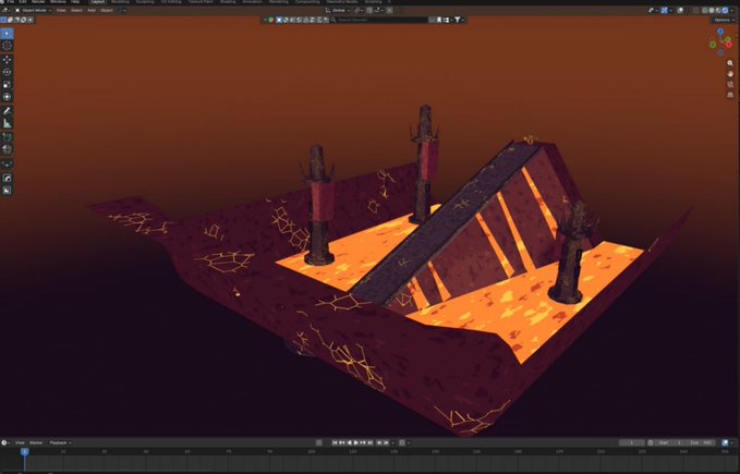 A screenshot of a 3D modeling software (Blender) shows a dark, jagged block with glowing orange lava-like fissures and pillars, set in a dark environment.