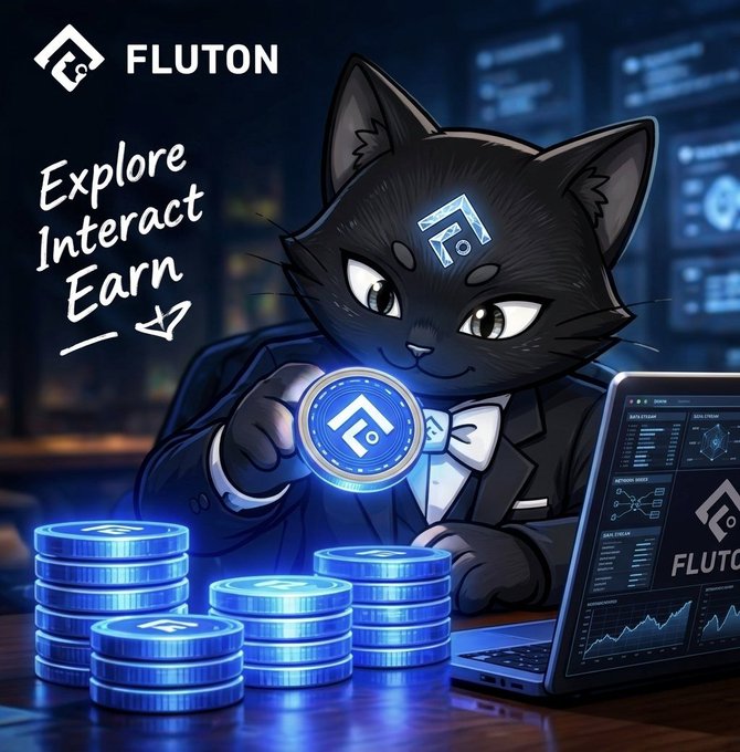 A stylized black cat mascot in a tuxedo holds up a glowing FLUTON-branded coin amid stacks of crypto tokens and a laptop displaying trading charts, visually capturing the "Explore, Interact, Earn" call to action for the Fluton Web3 platform.
