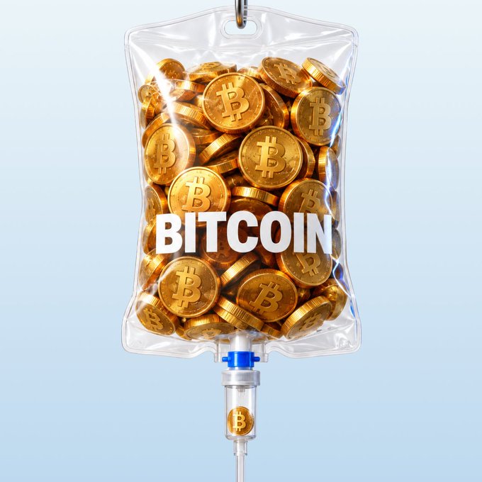 The image shows an IV drip bag filled with gold Bitcoin coins, labeled "BITCOIN," with a Bitcoin coin visible in the drip chamber below. It humorously visualizes the post's "doctor said I'm low on Bitcoin" joke by depicting a literal cryptocurrency infusion treatment.