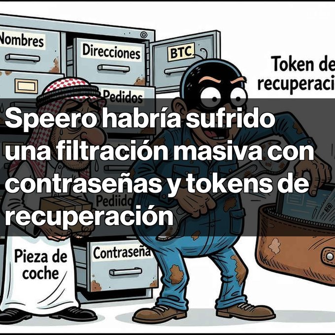 A cartoon illustration of two thieves stealing from filing cabinets labeled 'Nombres,' 'Direcciones,' 'Pedidos,' and 'Contraseña,' with Spanish text reading 'Speero habría sufrido una filtración masiva con contraseñas y tokens de recuperación' (Speero may have suffered a massive leak with passwords and recovery tokens).