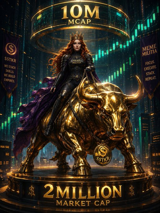 The image features a woman riding a golden bull statue with the caption "Happy Wednesday Legends Today is for crushing milestones. $STKR just hit the 2M market cap platform, but our eyes are already on the next level: 10M. Focus, Execute, Stack, Repeat." The post seems to be promoting a stock or cryptocurrency called "10M" and is related to the bull statue in some way.