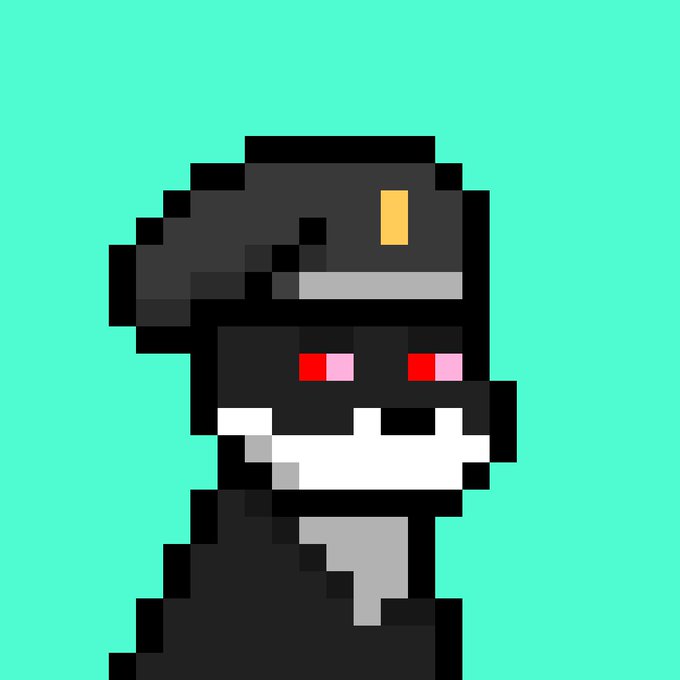 A pixel art character in dark police-style uniform with a cap featuring a gold badge, red/pink eyes, and a white mustache, set against a teal background.