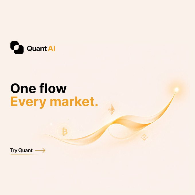 A sleek promotional graphic for "Quant AI" featuring the tagline "One flow. Every market." with an elegant golden ribbon sweeping across the screen past a Bitcoin symbol and the call-to-action "Try Quant →."

The visual embodies the post's message about long-term ecosystem building, contrasting the flowing, continuous golden ribbon—symbolizing trust, consistency, and vision—with the single Bitcoin icon, suggesting that lasting value (like the ribbon) comes from sustained effort rather than just token launches.