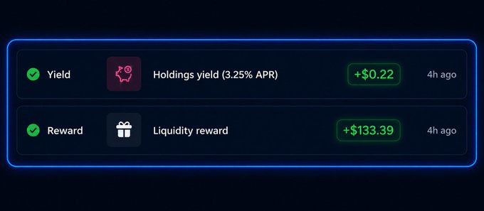 A dark-themed crypto dashboard showing two reward transactions: 'Holdings yield (3.25% APR)' of +$0.22 and 'Liquidity reward' of +$133.39, both marked 4h ago.