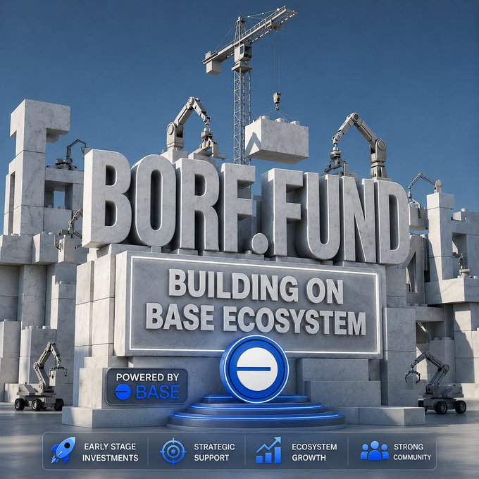 The image features a large white sign with blue text that reads "BORF. FUND", which stands for "Building on Base Ecosystem". The sign also includes a picture of construction equipment, such as cranes and trucks, indicating an ongoing construction project or development in progress. In the background, there are several buildings under construction, emphasizing the theme of the image.