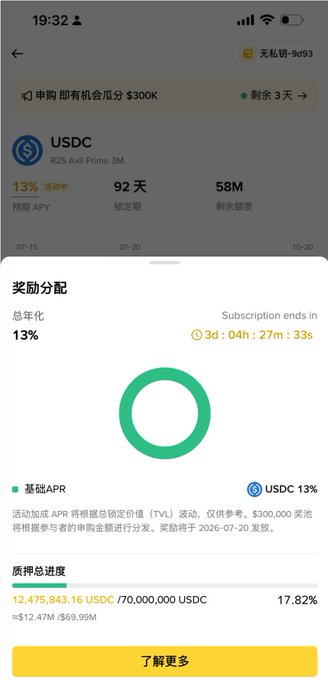 A mobile app screen showing a USDC R25 Axl Prime 3M staking offer with 13% APY, 92-day lock period, 58M remaining quota, and a subscription countdown timer.