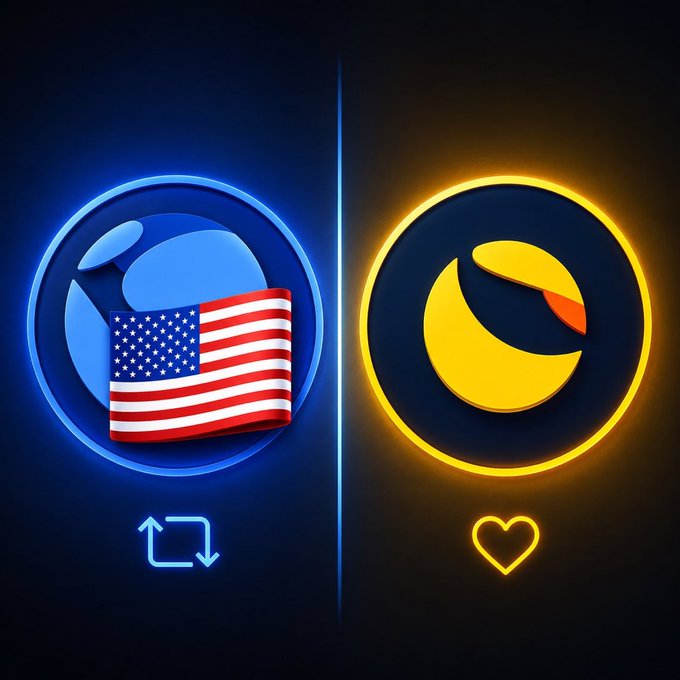 The image presents a blue circle with an American flag inside, a yellow triangle of a moon with a heart underneath, and an orange square that reads "LKEIF YOU BELIEVE $LUNC will hit $1 and RETweet if you believe $USTC will hit $1". The circles overlap to form the final image.