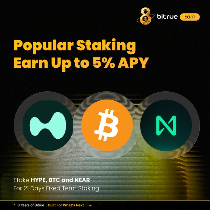 Bitrue Earn promotional graphic highlighting popular staking opportunities, featuring the logos of HYPE, BTC, and NEAR with text reading "Popular Staking - Earn Up to 5% APY" and "Stake HYPE, BTC and NEAR For 21 Days Fixed Term Staking," directly illustrating the post's call to put these three cryptocurrencies to work through 21-day fixed-term staking.