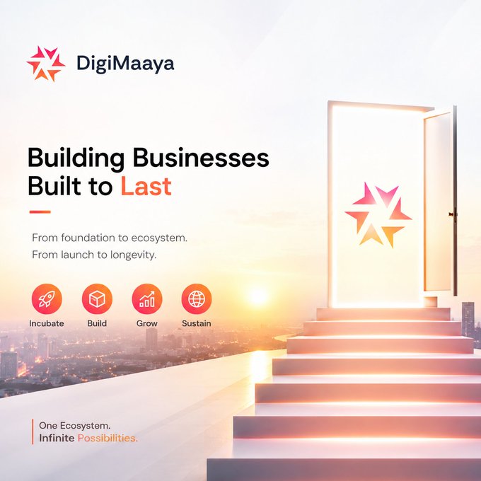 A DigiMaaya promotional graphic titled 'Building Businesses Built to Last' with stages Incubate, Build, Grow, Sustain.