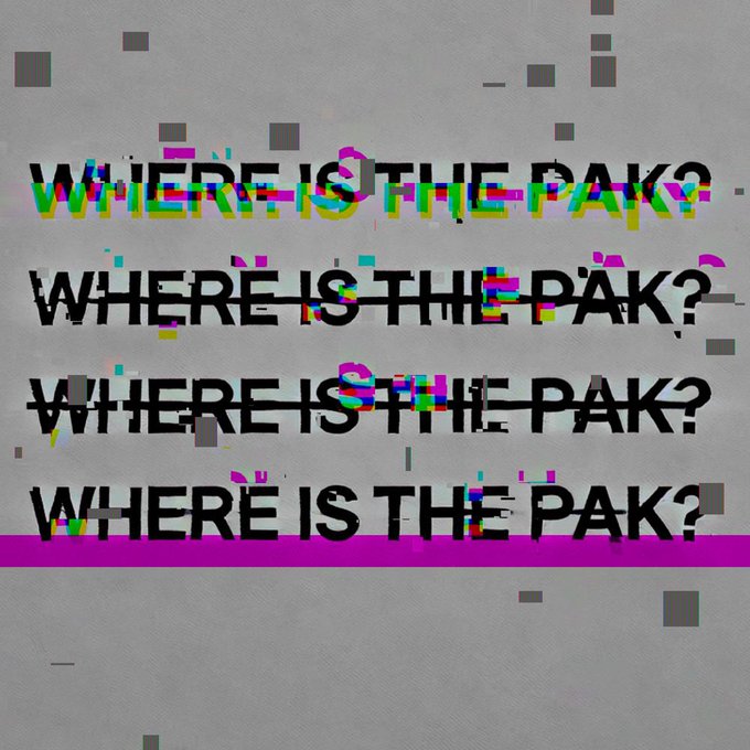 A glitch-art image displaying the text 'WHERE IS THE PAK?' repeated four times with colorful digital distortion effects on a gray background.