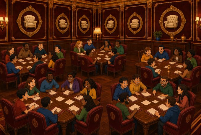 An illustration of a richly decorated room with red and gold walls, where groups of people sit at wooden tables reviewing documents together.