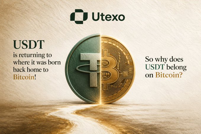 A promotional image for Utexo stating 'USDT is returning to where it was born back home to Bitcoin!' and 'So why does USDT belong on Bitcoin?', featuring a split coin showing both Tether and Bitcoin designs.