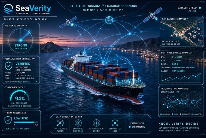 A maritime intelligence dashboard called 'SeaVerity' displaying ship tracking data, AIS signal strength, vessel verification, and satellite imagery for the Strait of Hormuz/Fujairah Corridor.