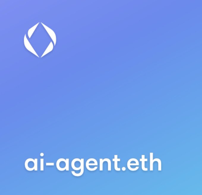 A digital graphic displays a white diamond-like logo above the text 'ai-agent.eth' on a blue gradient background.