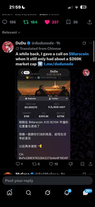 A tweet from @dudunode stating they previously gave a call on $Marscoin at around a $269K market cap, with an attached image showing $MarsCoin token details.