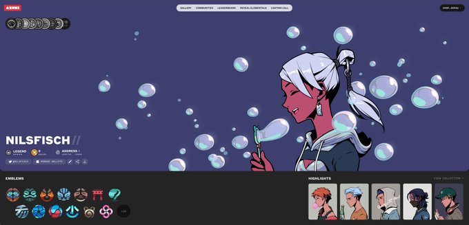 A website screenshot for "NILSFISCH//" displaying an illustration of a red-skinned character with white hair blowing bubbles, alongside various NFT collection thumbnails and social media links.