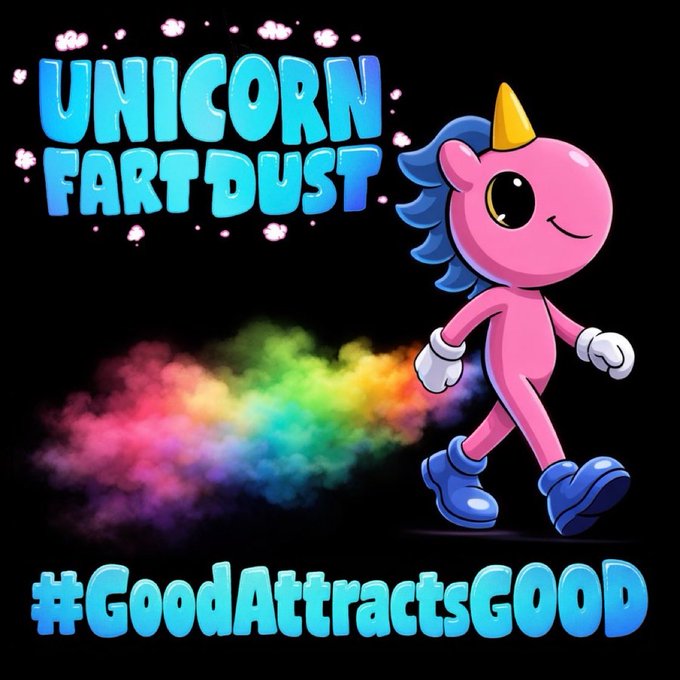 A graphic titled 'UNICORN FART DUST' featuring a pink cartoon unicorn with a rainbow trail, with the hashtag '#GoodAttractsGOOD' at the bottom.
