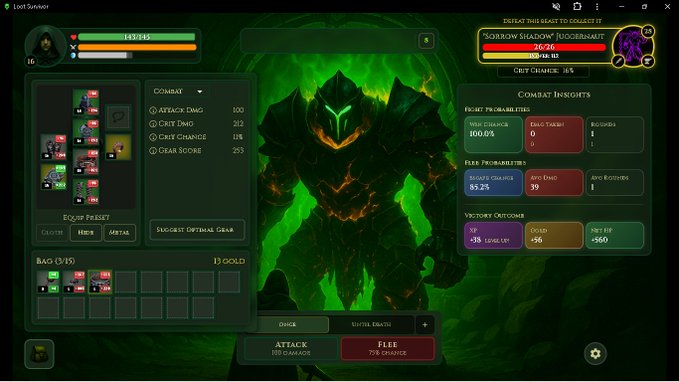 A screenshot of a video game combat interface showing a dark armored figure with a green gem on its chest, with stats like "ATTACK DMG 100", "CRIT DMG 212", and text including "Kobold Shadow Juggernaut 26/26".
