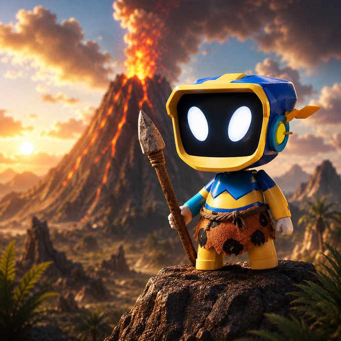 A 3D-rendered cartoon robot character in blue and yellow armor, holding a spear and wearing a loincloth, standing on a rock with an erupting volcano in the background.