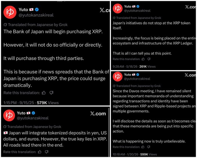 The image is a compilation of four tweets from user @yutokanzakireal (Yuto) translated from Japanese by Grok, all relating to XRP. The tweets, posted in late 2025 and early 2026 with hundreds of thousands of views, claim that the Bank of Japan will begin purchasing XRP through third parties to avoid price surges, that Japan will integrate tokenized deposits in yen, USD, and euros with XRP being the key, and that important memorandums of understanding regarding XRP and Ripple-based projects have been signed with multiple governments since the Davos meeting.

This serves as a reminder of @yutokanzakireal's bullish XRP predictions and insider-style claims regarding institutional and governmental adoption of XRP and Ripple-based projects.