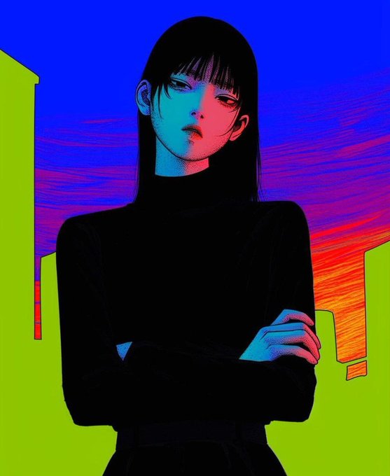 An anime-style illustration depicts a woman with long black hair in a black turtleneck, rendered in bold neon colors with a blue and red sky behind her.