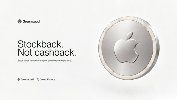 A minimalist advertisement for 'Greenwood' featuring a silver coin with an Apple logo and the text 'Stockback. Not cashback.' promoting stock-token rewards from card spending.