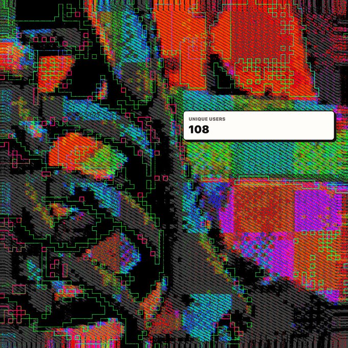 An abstract, colorful graphic with glitch effects displays a white label reading "UNIQUE USERS 108".