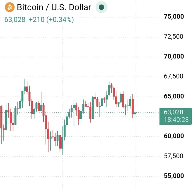 A candlestick chart for Bitcoin / U.S. Dollar showing a price of 63,028 (+210, +0.34%), with price movements ranging roughly between 60,000 and 67,500.