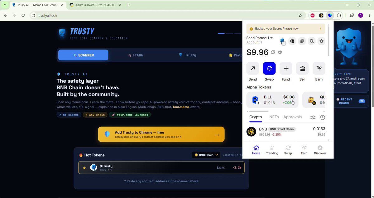 The image shows a computer screen displaying a website called Trusty. The website has a blue background with white text that reads "Trusty". Below this, there are two tabs open - one showing a chat window and another tab with a list of items for sale. The main focus is on the chat window, which appears to be in English.
