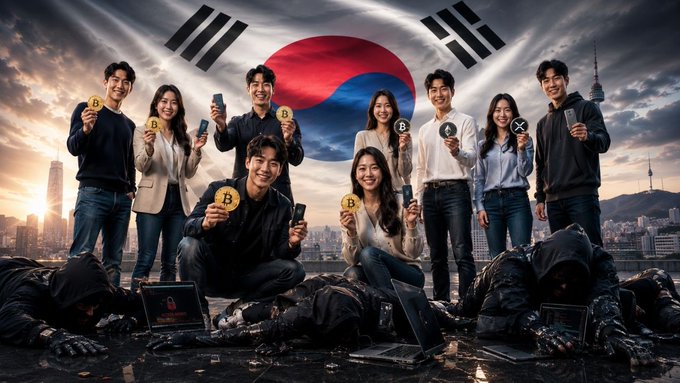 A group of smiling South Korean investors proudly display Bitcoin and cryptocurrency tokens against the backdrop of the South Korean flag, standing over defeated hackers with their cracked devices scattered on the ground, illustrating the post's theme of how Korean crypto investors successfully protected their Coldcard wallets from hacking attempts.