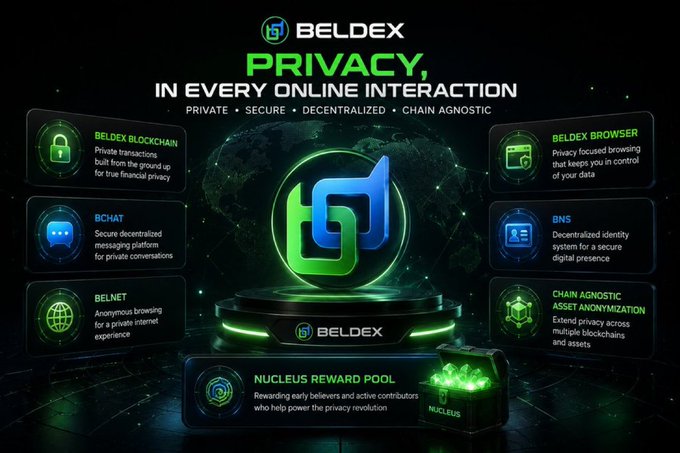 A promotional infographic for 'BELDEX' emphasizing 'PRIVACY, IN EVERY ONLINE INTERACTION,' detailing features like Beldex Blockchain, BChat, BelNet, Beldex Browser, BNS, and a Nucleus Reward Pool, highlighting private, secure, decentralized, and chain-agnostic attributes.