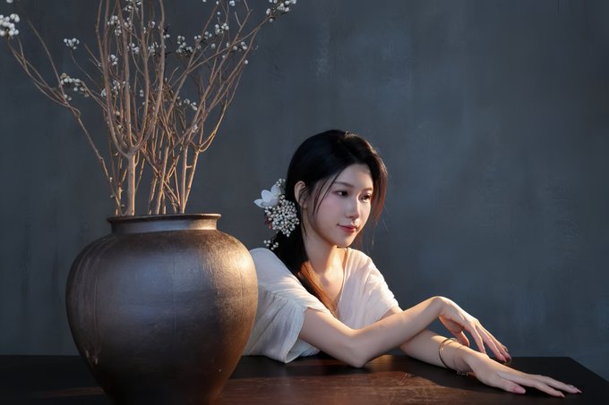 A serene portrait of a young woman in a light wrap, resting her arms on a wooden surface beside a large dark ceramic vase holding delicate branches, set against a moody dark backdrop.

**Connection to the post:** The contemplative, patient pose—gazing off thoughtfully as if waiting for the next big thing—visually echoes the post's reflective question about awaiting the next "Binance-level" meme moment in crypto.