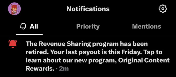 A screenshot of social media notifications showing that 'The Revenue Sharing program has been retired. Your last payout is this Friday. Tap to learn about our new program, Original Content Rewards.'