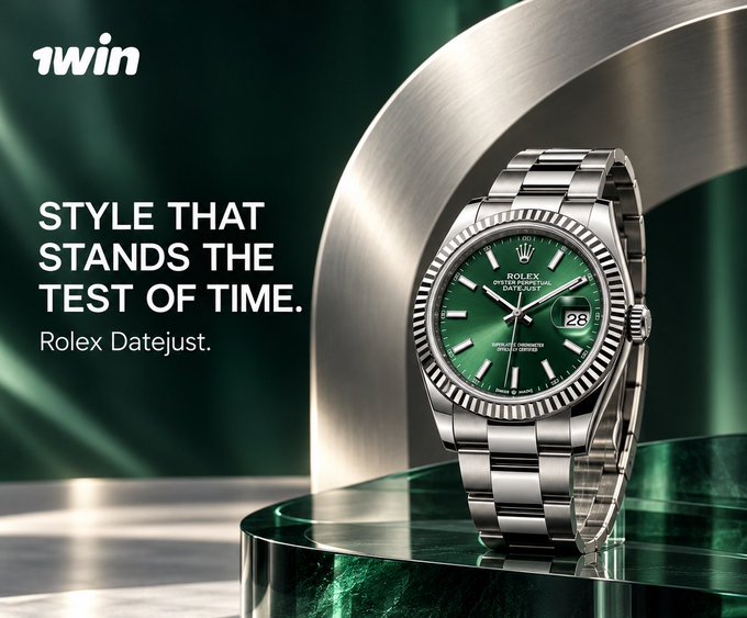 A luxury watch advertisement featuring a Rolex Datejust with a green dial on a silver bracelet, with text "STYLE THAT STANDS THE TEST OF TIME" and the "1win" logo.