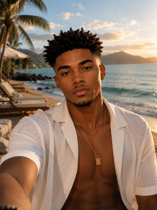 A portrait of a young man with curly hair and a white open shirt taking a selfie at a beach resort at sunset.