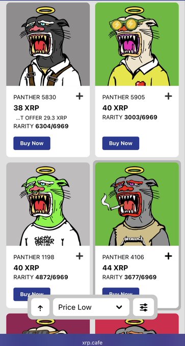 A screenshot from xrp.cafe displays four "Panther" NFTs listed for sale at varying XRP prices (38-44 XRP) and rarities, with the lowest-priced at 38 XRP (Panther 5830). The image relates to the post by showing a marketplace view of fallen one NFTs with halos, which the author suggests should be delisted and relisted higher as prices climb.