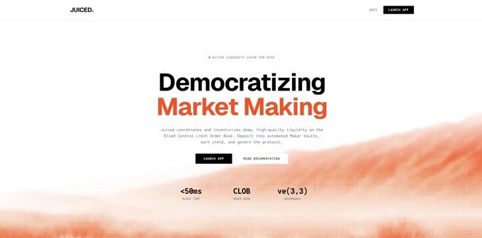 A website landing page for 'JUNCED.' with the headline 'Democratizing Market Making', describing high-quality liquidity on the Blast Central Limit Order Book, with metrics '<50ms SLOT TIME', 'CLOB ORDER BOOK', and 've(3,3) GOVERNANCE'.