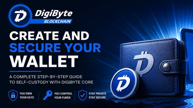 A promotional banner for DigiByte Blockchain titled 'CREATE AND SECURE YOUR WALLET' featuring a blue leather wallet and coin, with the tagline 'A COMPLETE STEP-BY-STEP GUIDE TO SELF-CUSTODY WITH DIGIBYTE CORE' and icons stating 'YOU OWN YOUR KEYS', 'YOU CONTROL YOUR FUNDS', and 'STAY PRIVATE STAY SECURE'.