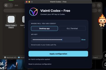 A screenshot of the 'Viaanti Codex – Free' application interface prompting 'Connect your API key to Codex,' showing options for 'Desktop app' and 'CLI / Terminal,' along with a hidden API key input field and an 'Apply configuration' button.